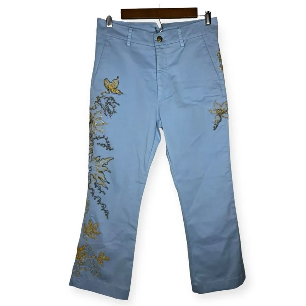 Anthropologie History Repeats Pants Blue Embroidered Beaded Metallic Size 38‎ 2
